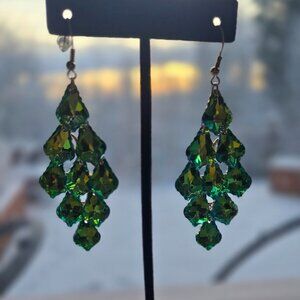 KIRKS FOLLY DEVINE CRYSTAL CHANDELIER FRENCH WIRE EARRINGS GOLDTONE GREEN IRIS